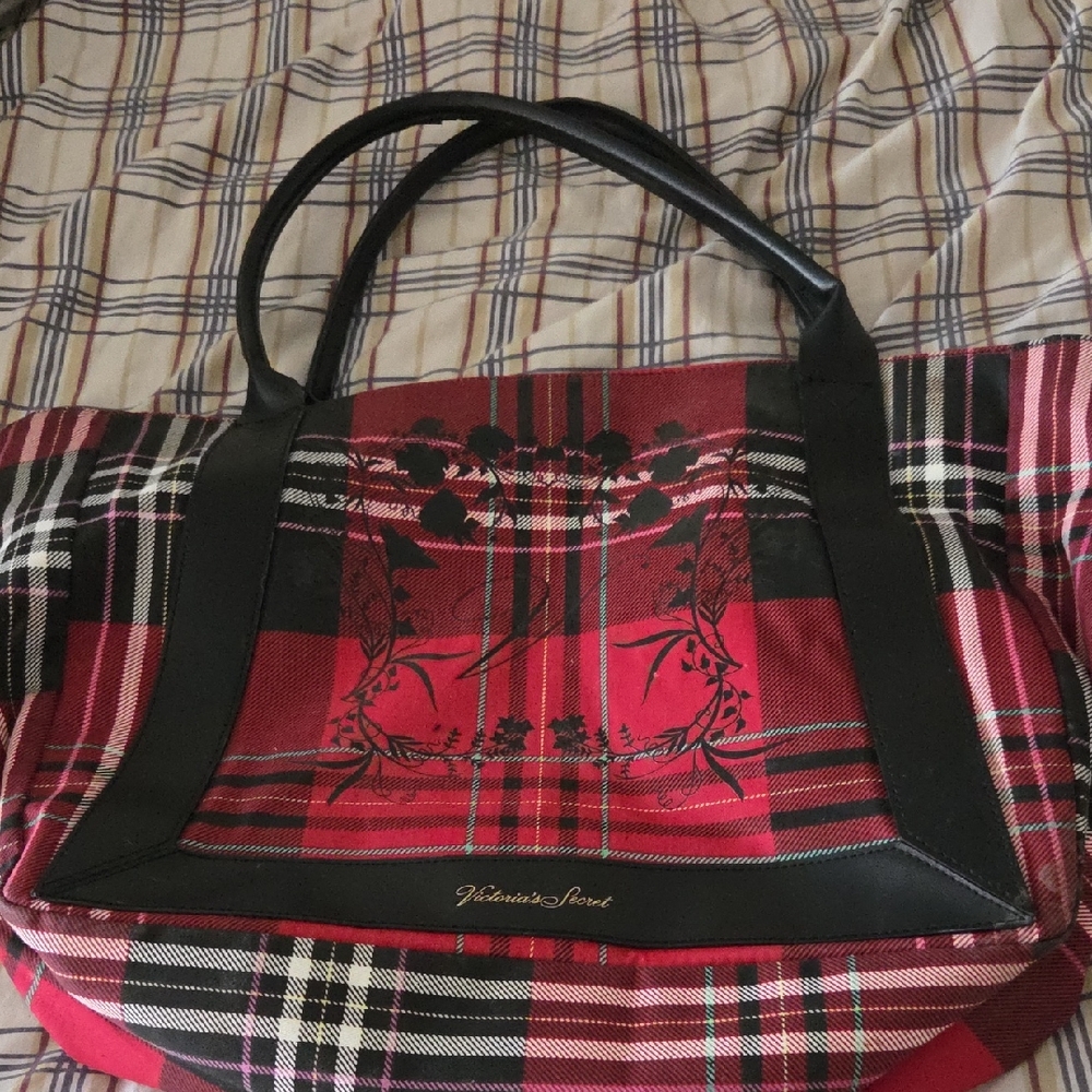 Victoria's Secret Red and Black Plaid Tote with Black Trim